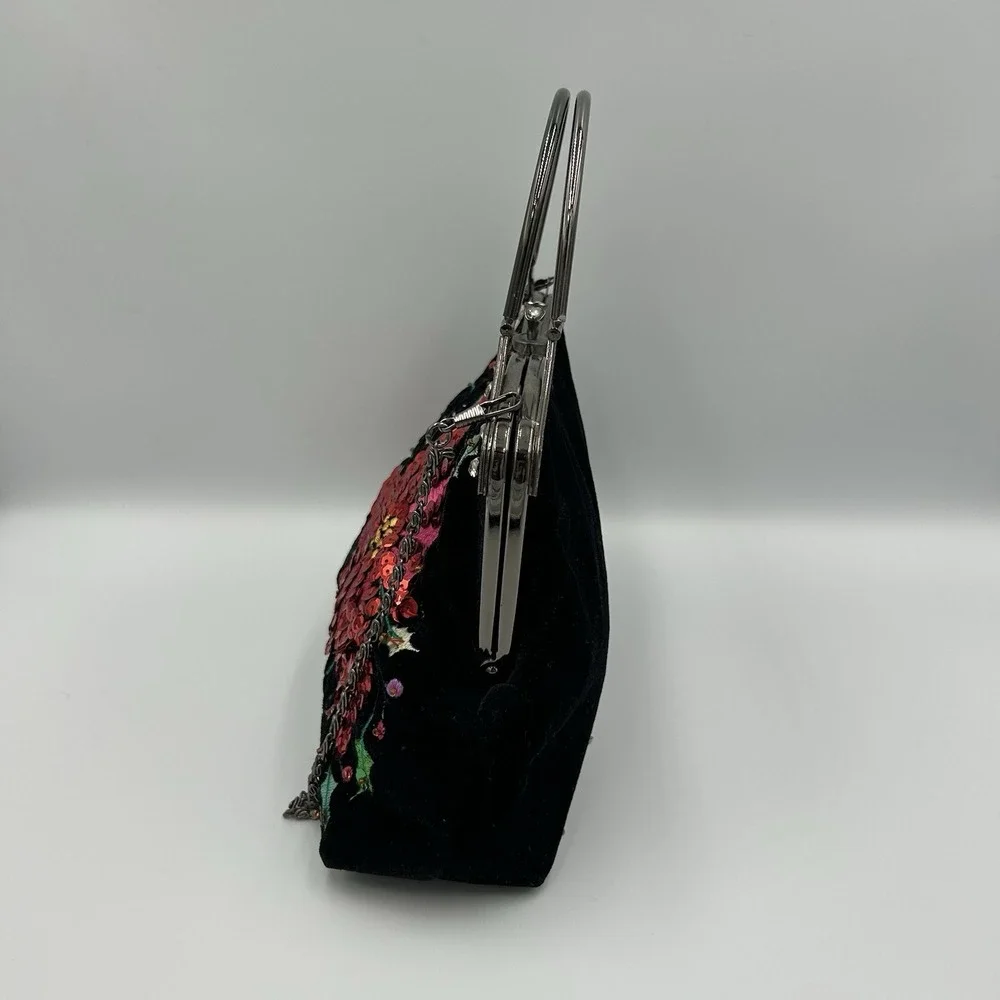 Vintage‎ VENDULA Purse Black Velvet Rhinestones Sequins Poinsettias